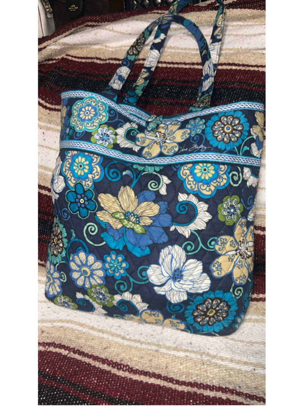 Women's Vera Bradley Floral Quilted Tote Bag One Size Blue Beige